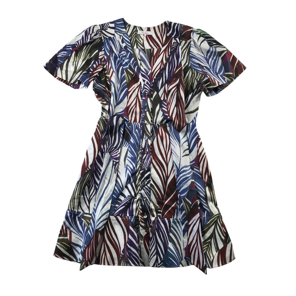 Parker Tropical Leaf Print Cotton Mini Dress Button Front V-Neck Multi Color 2